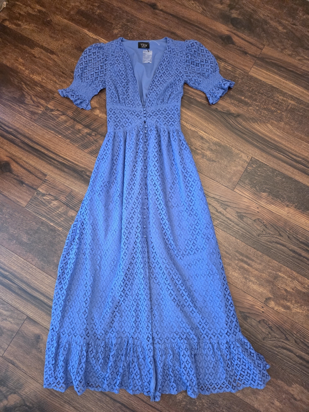 Blue Lace Maxi Dress with Puff Sleeves